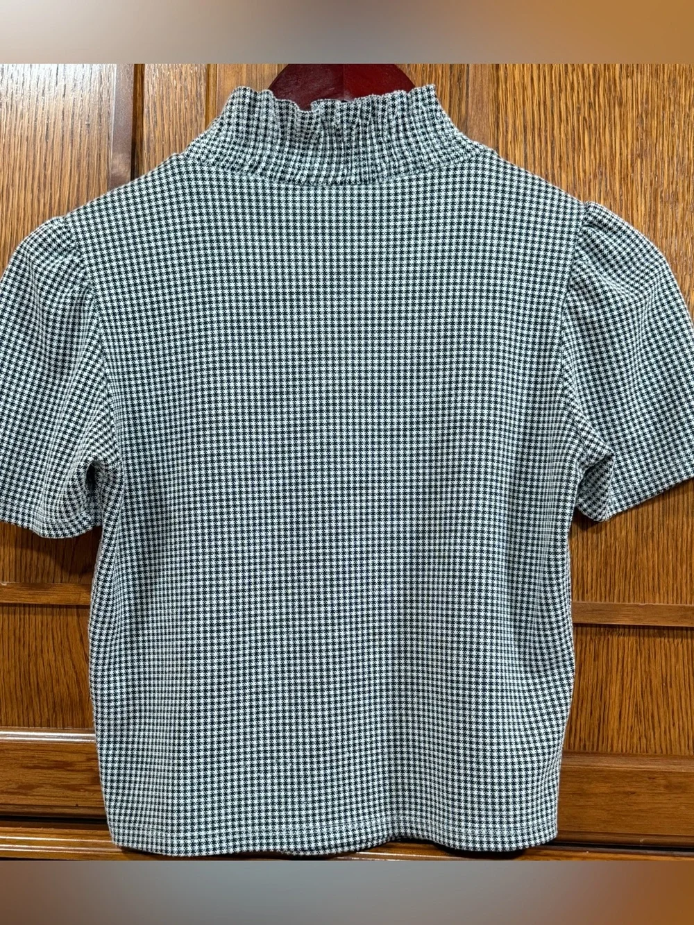 Zara Houndstooth Mock Neck Ruffle Top Puff Sleeve Smocked Gingham Academia Plaid
